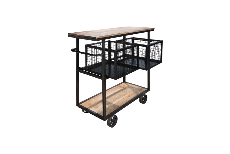 Keuken Trolley Manden Op Wielen, Zwart metaal met Accacia blad